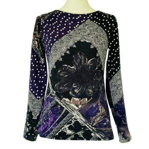 Anac Whimsigoth Sweater Sz L Dark Floral Polka Dot Stripe Purple Poison Green